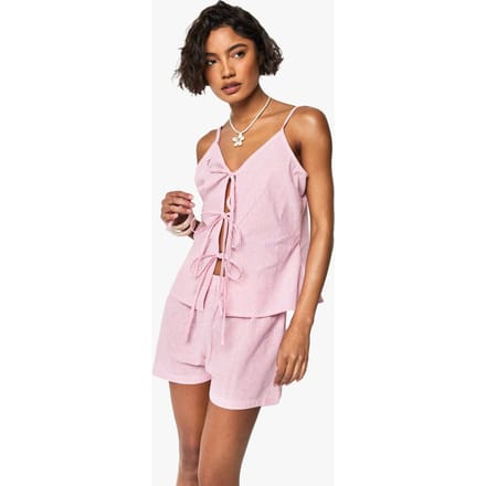 boohoo Dames Lang Pinstreept Halternek Strik Korte Co-ord | Red | Maat: 8