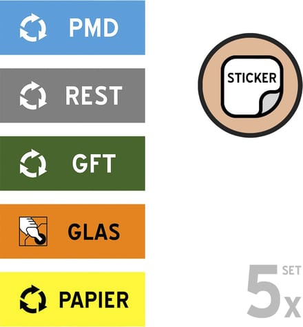 Set vuilnis sorteer stickers BASIS (5 stuks) | GFT/ PMD/ Glas/ Papier/ Rest | 14 x 4 cm | Afval sorteren | Sticker | België | 5 stuks