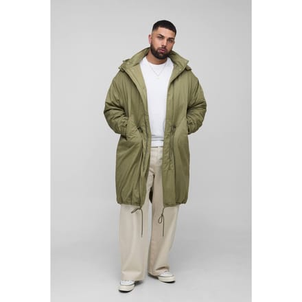 Plus Regular Fit parka-jas in geborsteld nylon met trechterkraag en middellange lengte | Khaki | Size 2XL