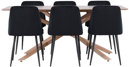 Piazza eethoek tafel 90x180cm en 6 velours stoelen mocca.