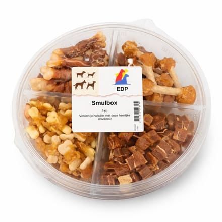 Zoolekker Smulbox - ronde snackbox met vier vakjes gevuld met diverse hondensnacks