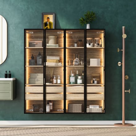 MODFU Kastenset - Met Ledverlichting En Matglazen Deuren - Modern - MDF - Naturel - 2 Stuks