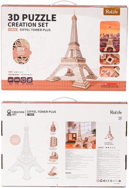 Robotime Eiffel Tower Plus – 3D Houten Puzzel – 191 Onderdelen, 42,6 x 44,6 x 99,6 cm