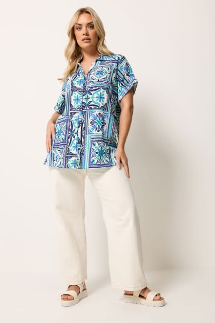 Yours Blauw Shirt Met Tegelprint En Boxy Textuur Size 48