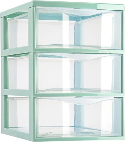 Plasticforte Ladeblokje/bureau organizer met 3x lades - transparant/mintgroen - L18 x B25 x H25 cm