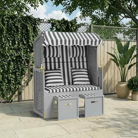 vidaXL - Strandstoel - met - kussens - poly - rattan - en - massief - hout - grijs - wit