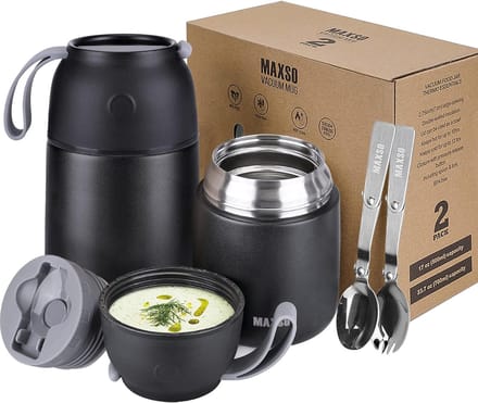Thermo Voedselcontainers - Lunchpotten - Warme Lunch - Vacuüm Geïsoleerd - Set van 2 - Zwart