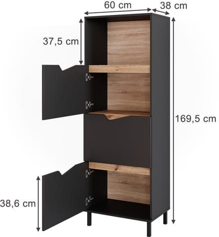 Vicco Marelle Sideboard – 60 x 169.5 cm met 4 compartimenten Antraciet/Artisan