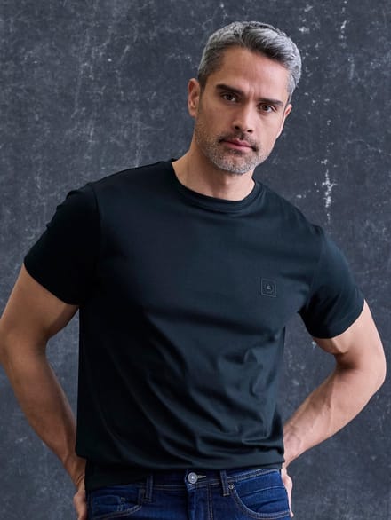 LERROS Basic T-shirt met LERROS-logoprint , Maat: M , Kleur: CLASSIC NAVY , 95% katoen, 5% elastaan