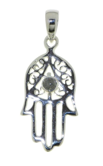 SilverGems Handje van Fatima, Hamsa handje zilveren hanger met Labradoriet edelsteen.