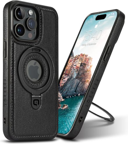 Perfeqt hoesje geschikt voor iPhone 16 Plus leren BackCover met Kickstand & Keyring houder - Black