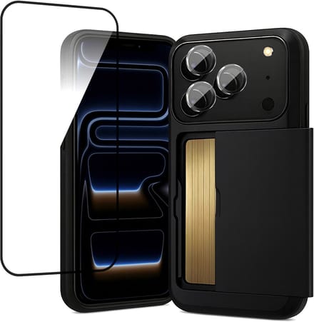 Hoesje met Pasjeshouder geschikt voor iPhone 17 Pro - Screenprotector FullGuard & Camera Lens Screen Protector Zwart - Back Cover SlideCase Zwart