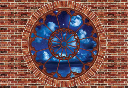 Fotobehang Brick Wall Clouds Sea Moon | XL - 208cm x 146cm | 130g/m2 Vlies