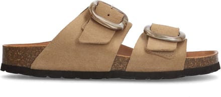 Manfield - Dames - Beige suède slippers met gesp - Maat 37