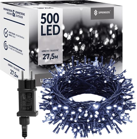 Springos Kerstverlichting | 27,5 m | 500 LED | Koud Wit | 8 Lichtfuncties