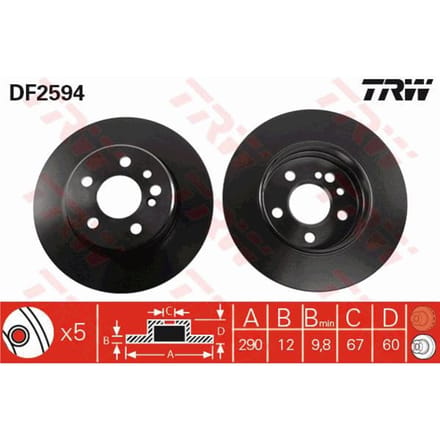 Remschijf TRW DF2594 achter, volledig, 1 Stuk