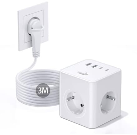 Witte stekkerkubus met 4 stopcontacten en USB-C, 3 meter kabel, schakelaar