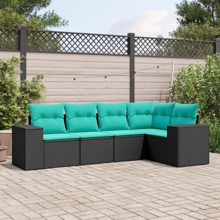 vidaXL - 5-delige - tuinbankset - met - kussens - van - zwart - polyrotan