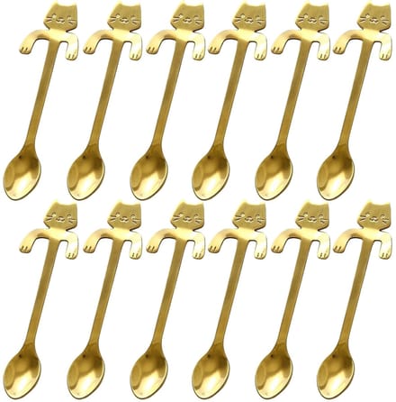 12x Theelepel / Koffielepel Hangende Kat - Goud - 12 Stuks