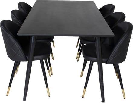 Dipp180x90BLBL eethoek eetkamertafel zwart en 6 Velvet eetkamerstal PU kunstleer zwart.