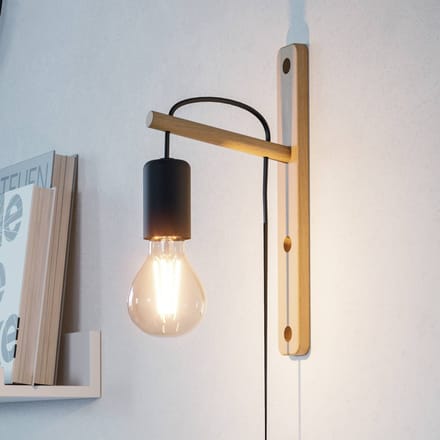 EGLO Pockley wandlamp, projectie 16 cm, zwart/hout, hout