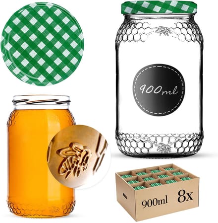 Glazen pot Lierde 900ml 82mm 8 stuks + deksels "Groen rooster"