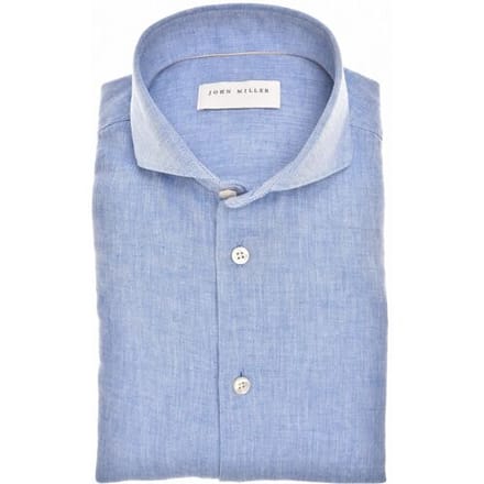 John Miller Overhemd Casual Linnen Cotton Fine Herringbone Pattern Midden Blauw / male