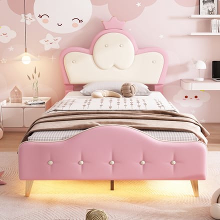 REDOM Bedframe 90x200 cm van PU – Met kroonvormig hoofdbord, golvend design en monochrome LED – Wit & Roze