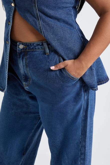 boohoo Dames Plus Mid Rise Wide Leg Jean | Indigo | Maat: 16