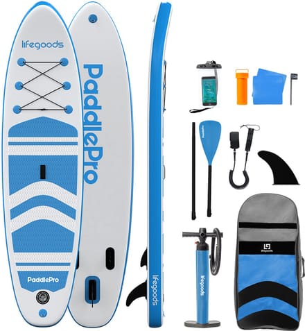 LifeGoods PaddlePro SUP Board - Opblaasbaar Paddle Board - Complete Set - Max. 150KG - 320x81cm - Wit/Sky Blue