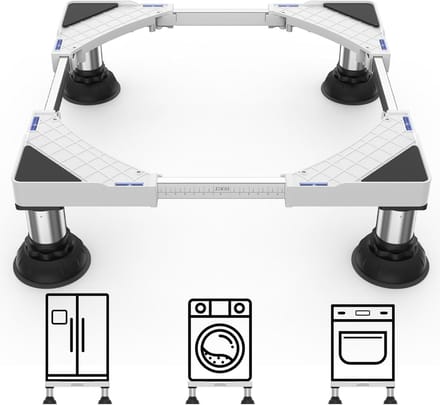 Verstelbare wasmachinebasis met antislipfunctie, geschikt voor wasmachines en drogers, breedte 45-65 cm, hoogte 15-18 cm, wit