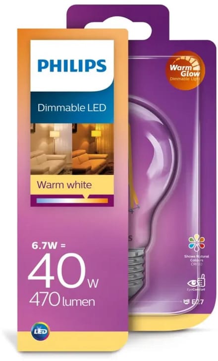 Philips LED E27 Helder 6.7W (40W) 2700K WarmGlow Dimbaar 470lumen - Bespaar op energie