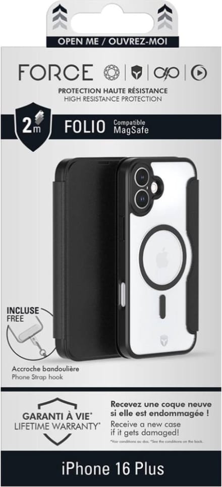 Force Case, Hoesje geschikt voor iPhone 16 Plus - MagSafe Versterkt Folio, Zwart