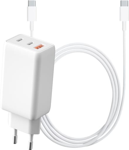 65w GaN 3 Poorten usb C Power Adapter met Rubberen usb C naar usb C Kabel 3 Meter Lang - Super Fast Charger 3.0 - 30% Kleiner