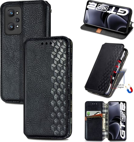Luxe PU Lederen Ruitpatroon Wallet Case + 21D Glas Screenprotector voor OPPO Realme GT Neo2 _ Zwart