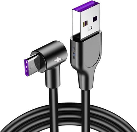 DrPhone D10 - 90° Haakse USB-C oplaadkabel - 5A Super charge - Kabel - 2 Meter - Zwart