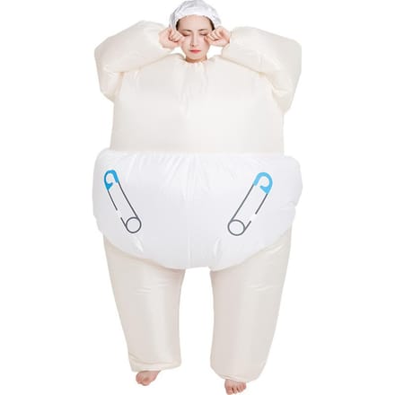 Grappig dikke man opblaaskostuum, volwassen 150-190cm beige
