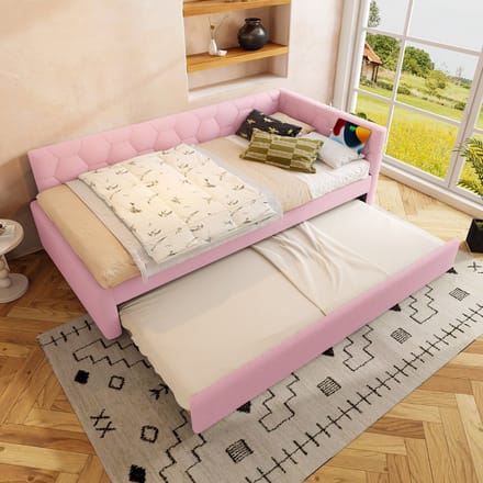 MODFU Bedframe 90x200 cm – roze fluweel – dagbed met uitschuifbed, USB/Type-C en nachtlampje