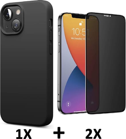 HB Hoesje Geschikt voor Apple iPhone 13 - Zwart / 2X Privacy Glazen Screenprotector - Siliconen Back Cover