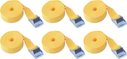 Set van 6 ratelbanden voor transport en camping - 25 mm x 3 m - Geel