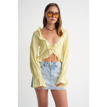 Rimpelige V-hals Lange Mouw Korte Blouse