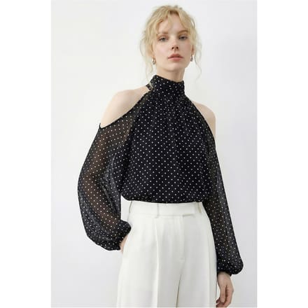 Polkadot Chiffon Colblouse met Uitsnijding