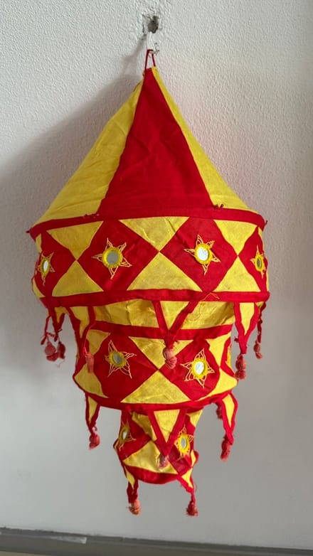Hand made Traditional Pipli Hanging Cotton Lantern/ Lamp shade with Embroidered Mirror Work from Odisha (Multicolor) Red & Yellow
