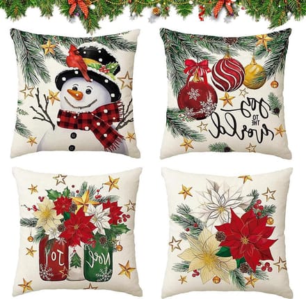 Linnen Sierkussens - Decoratief voor Kerst - 4 Stuks - Rendier Motief - 45 x 45 cm