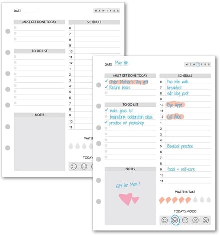 Ongedateerde Dagplanner Pagina's met Schema, Prioriteiten en Water Tracker