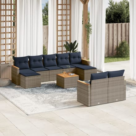 vidaXL - 10-delige - tuinbankset - met - kussens, - grijs - polyrotan