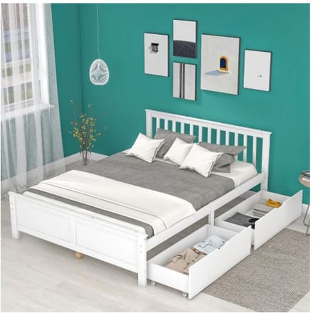 Lit double - MUVOE - 140x200 cm - Bois massif - Blanc - Avec tiroirs de rangement blanc