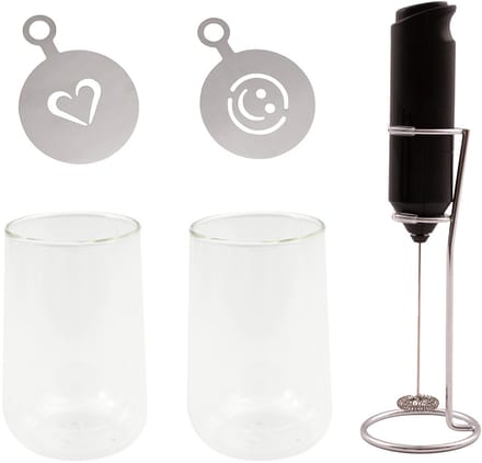 Point-Virgule latte set 2 dubbelwandige glazen 350ml met melkopschuimer en stencil