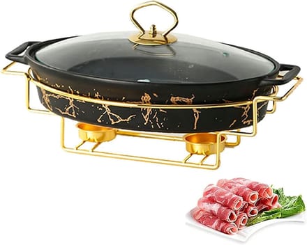 Buffet Set - Warmhoudbak Set - Eten Warm Houden - Keramische Marmeren Afwerking - M Medium - Zwart