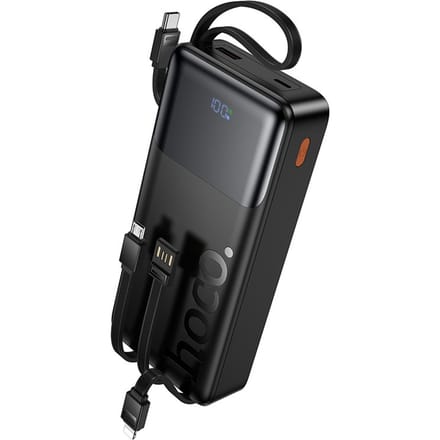 Hoco Powerbank 20.000mAh met Ingebouwde Kabels - Universeel Opladen (USB-C, Lightning, Micro-USB) - 22.5W Snelladen - LED Display - Zwart